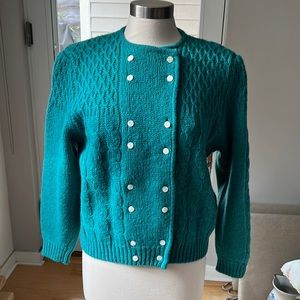 Gorgeous turquoise wool sweater with pearl flower buttons